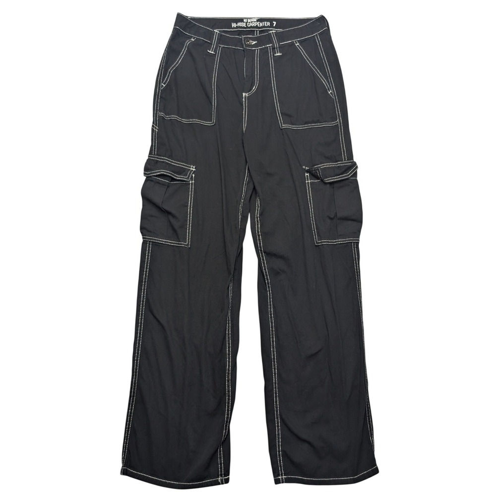HT Denim Carpenter Pants Womens 7 Black Contrast Stitch High Rise Wide Leg Cargo